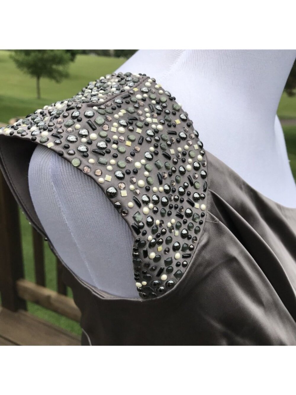 Suzi Chin Maggy One Shoulder Sheath Formal Dress Size 2 Taupe Ruched Embellished - Picture 6 of 12